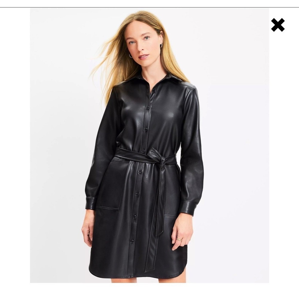 LOFT Black Faux Leather Shirt Dress Belted Button Front Size 10